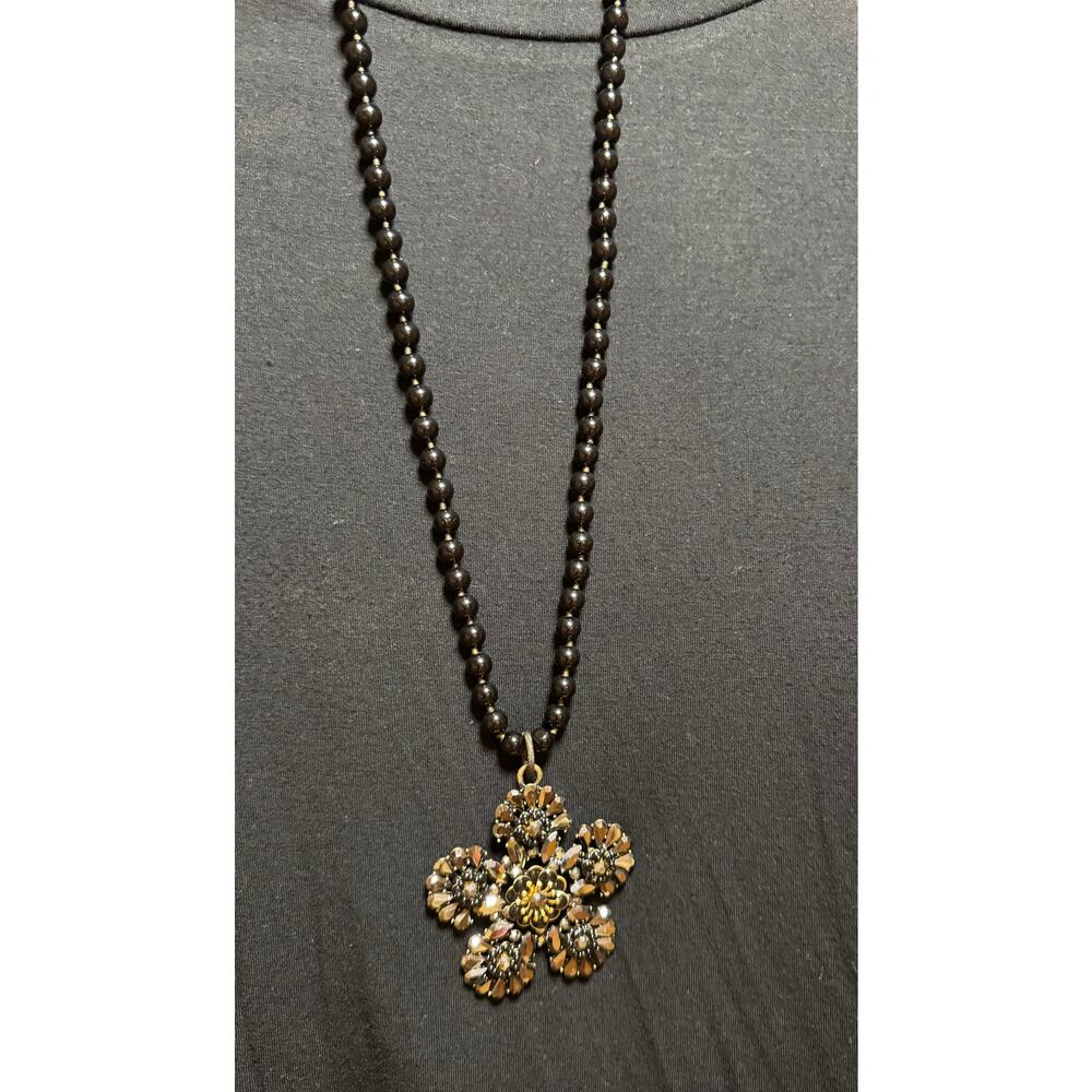 Y55 Rose Gold Colored Flower on long black bead necklace